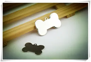 Polished bone-shaped zinc alloy pet tags in silver and gunmetal finish with ring holes