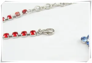 Macro detail of dog bone necklace featuring lobster clasp and shiny red rhinestones