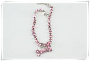Pink rhinestone pet collar with bone pendant, adjustable lobster clasp and metal chain