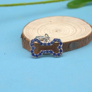 Sparkling blue rhinestone bone-shaped pet collar pendant with silver lobster clasp