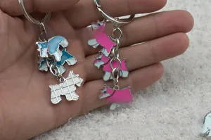 Detailed view of pink and blue dog charm keychains with metal textured backing