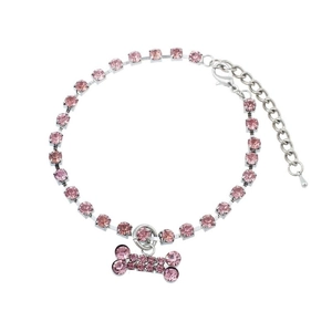 Sparkling pink rhinestone dog collar with a glittery bone pendant and silver chain