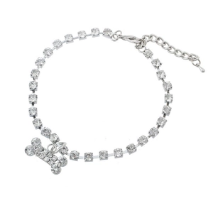 Sparkling silver rhinestone pet collar with a bone pendant and adjustable lobster clasp