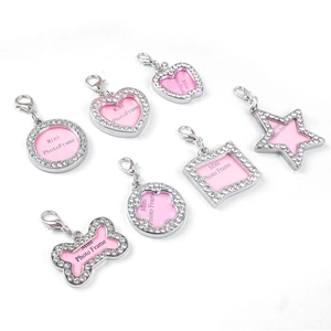 Detailed view of mini rhinestone pet ID tags in heart, bone, and star shapes