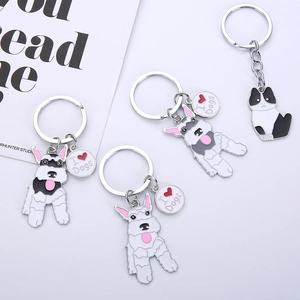 Detailed view of enamel Schnauzer dog and cat keychains with I Heart Dogs charms