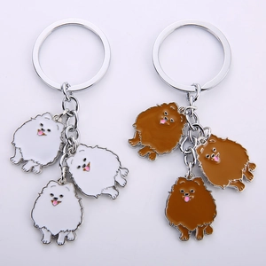American style Pomeranian dog metal keychains in white and brown alloy enamel