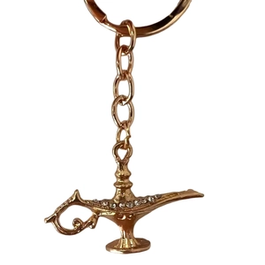 Golden Aladdin genie lamp keychain with sparkling rhinestones for bag decoration