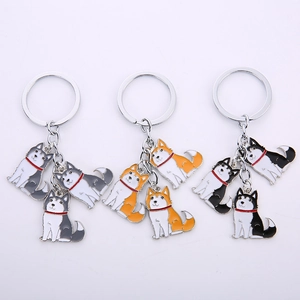 Cartoon dog enamel metal keychains in grey, orange, and black-white husky designs