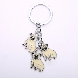 Cute pug dog keychain with three zinc alloy enamel charms for bags and accessories