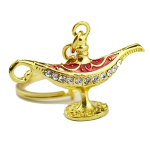 Vintage Metal Aladdin Magic Lamp Keychain Gold Enamel Rhinestone Key Ring Pendant For Bag Car Jewelry Souvenir Ornament Gift