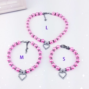 Pink pearl pet necklace with heart diamond pendant in S, M, and L sizes