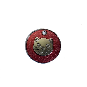 Detail of red glitter pet tag with metal cat head relief and alloy hanging hole