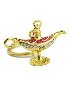 Detailed close-up of golden Aladdin lamp keychain with red enamel and sparkling rhinestones