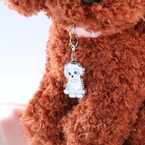Cartoon dog pet tag with silver lobster clasp shown on a pink collar for small dogs