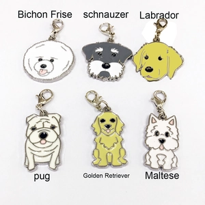 Detail view of six cartoon dog charms made of zinc alloy with colorful enamel finish