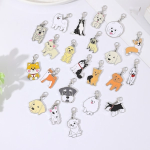 Zinc alloy pet charms with colorful enamel dog breeds and lobster clasps on white background