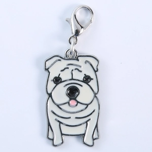 Portachiavi bulldog in smalto bianco, lega di zinco con chiusura a moschettone argento