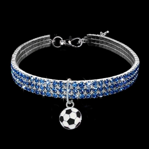 Adjustable rhinestone pet collar with blue crystals and soccer ball pendant ornament