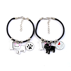 Franse Bulldog armband met zwart gevlochten touw en emaille hangers voor dames