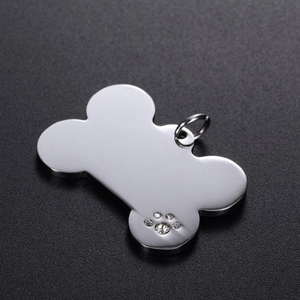 Bone Shaped Dog ID Tag Stainless Steel Rhinestone Paw Print Personalized Pet Identification Tag Silver Metal Accessory