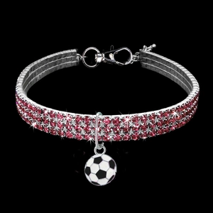 Sparkling pink rhinestone pet collar with soccer pendant and adjustable silver chain
