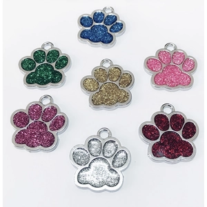 Colorful paw print pet ID tags set with glitter finish in seven vibrant metallic colors