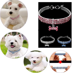 Three-row rhinestone pet collar with bone pendant showing elastic stretch and adjustment