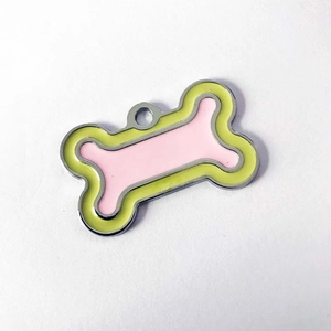 Pink and lime green bone-shaped zinc alloy pet ID tag with silver metallic borders