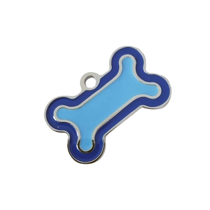 Dual-tone blue bone-shaped metal pet ID tag with a shiny silver zinc alloy finish