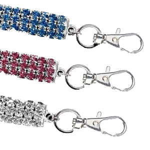 Three-row rhinestone pet collars with football pendants in blue, pink, and silver