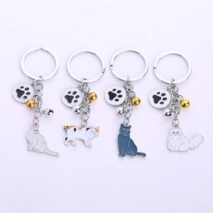 Cute Alloy Enamel Cat Keychain With Bell And Paw Print Charm For Women Pet Lovers Gift Bag Pendant Hanging Keyring
