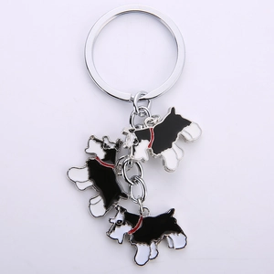 Creative zinc alloy Schnauzer dog keychain with three black and white enamel puppy charms