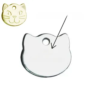 Custom engraved metal cat-shaped pet ID tag in gold and silver finishes with phone number