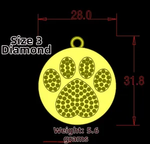 Technical view showing 28mm golden pet ID tag with crystal paw print and 5.6g weight