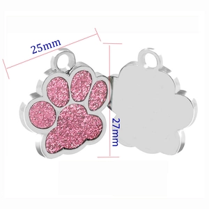 Pink glitter pet ID tag with paw print shape in polished stainless steel 25mm