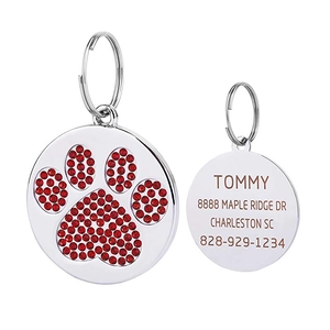 Customized dog ID tag with red rhinestone paw print and personalized engraving info