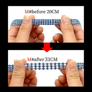 Vue détaillée du collier élastique en cristaux bleus montrant l'extension de 20cm à 31cm