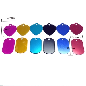 Aluminum heart and rectangular pet ID tags in multiple colors with size specifications