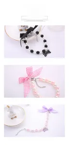 Detailed macro view of pet pearl necklaces with bow ties and crystal bone pendants