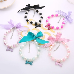 Cute Pet Artificial Pearl Necklace Adjustable Bowknot Collar With Rhinestone Bone Pendant For Cats Small Dogs Fashion Jewelry