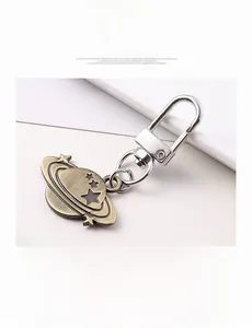 Detail view of a vintage bronze planet keychain made of zinc alloy with lobster clasp