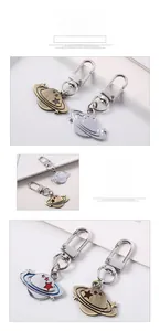 Detail view of metallic planet keychain featuring star pattern and lobster clasp closure