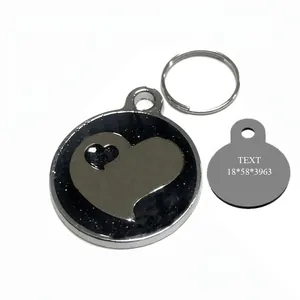 Customized round stainless steel pet tag with heart design and black glitter finish