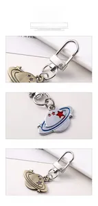 Detail of galaxy planet metal keychain with vintage bronze and silver finish star charms