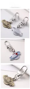 Close-up of Saturn planet metal keychains in bronze, silver, and colorful enamel finishes
