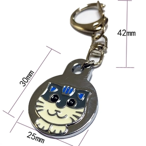 Cat shaped metal pet ID tag with enamel finish and lobster clasp dimensions 42x25mm