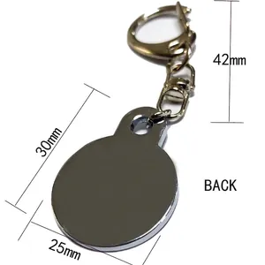 Polished silver metal pet ID tag with lobster clasp and round pendant showing back view dimensions