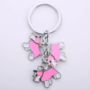 Zinc alloy Schnauzer dog keychain with three pink and white enamel pendants for bags