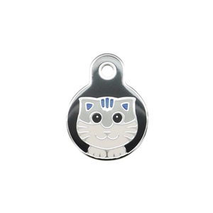 Customizable round metal pet ID tag featuring a cute cartoon cat face on black background