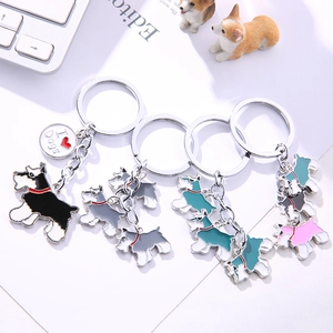 Detail of colorful Schnauzer keychains in four colors with I Love Dogs metal tags
